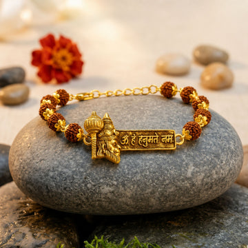 Gold Plated Hanuman Mantra Rakhi with Rudraksha Karungali Beads