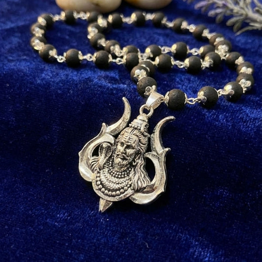 Shiv Trishul Pendant with Govt. Lab Certified Silver Cap Karungali Malai