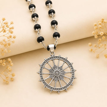 Silver Plated Karungali Mala With Wheel Of Dharma