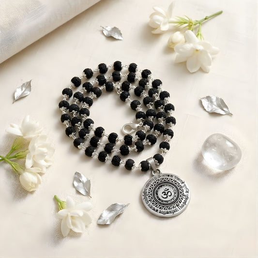 OM Maha Mrityunjaya Mantra Pendant with Silver Cap Karungali Malai