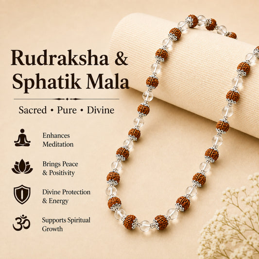 Silver Cap Panchmukhi Rudraksha Sphatik Mala