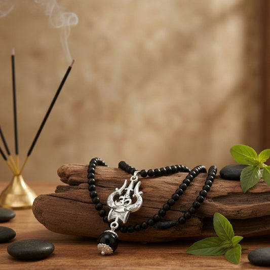 Karungali Bead Jaap Malai with Om Shiva Trishul Pendant