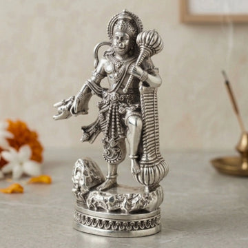 Hanuman Ji with Gada Idol | Strength, Protection & Spiritual Energy ( Silver Plated )