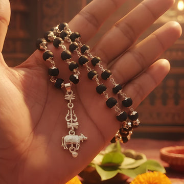Shiv Trishul & Nandi Pendant with Silver Capped Karungali Malai