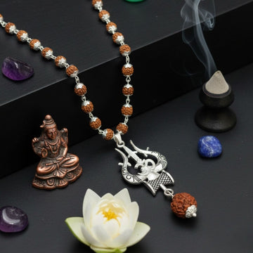 OM Shiva Trishool Pendant with Silver Cap Panchmukhi Rudraksh Mala