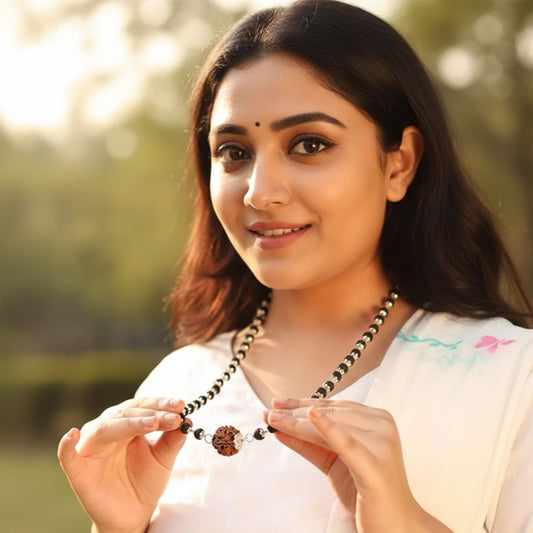 Original Silver Capped Karungali Malai in with 5 Mukhi Rudraksha