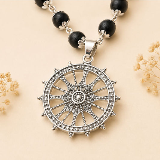 Silver Plated Karungali Mala With Wheel Of Dharma