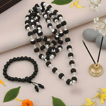 Silver Plated Karungali Mala with Karungali Malai Bracelet (Govt. Certified)