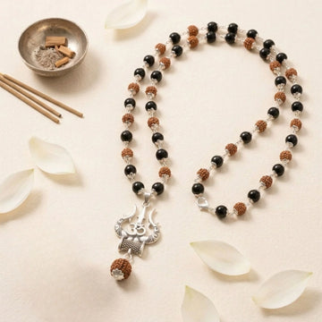 Mahadev Trishul Karungali Rudraksha Mala (Silver Cap)
