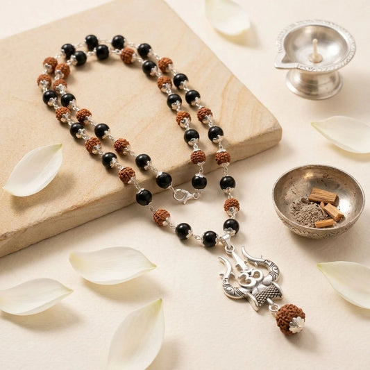 Om Shiva Trishul Rudraksha Pendant with in Silver-Cap Karungali Rudraksha Malai