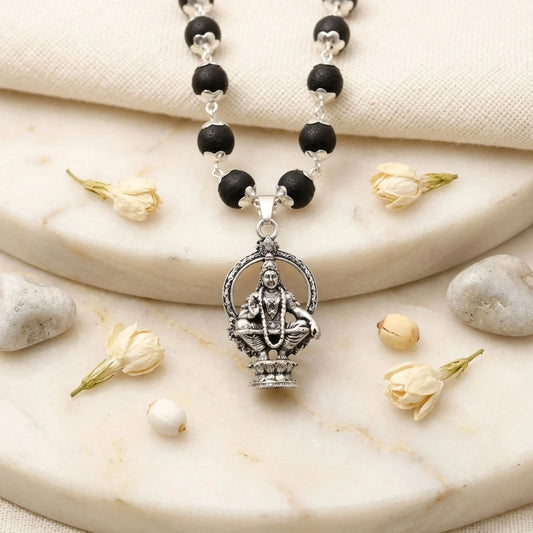 Lord Ayyappa Pendant with Silver Capped Karungali Malai