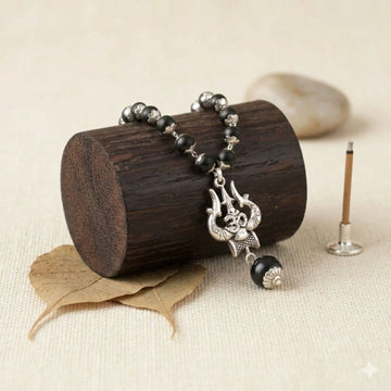 Karungali Bead Silver Cap Malai with Om Shiva Trishul Pendant