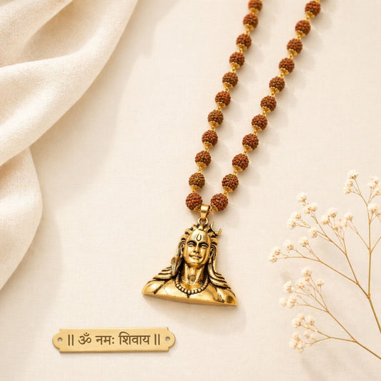 Gold Plated Adiyogi Pendant with Panchmukhi Rudraksha Mala | Peace & Positive Energy