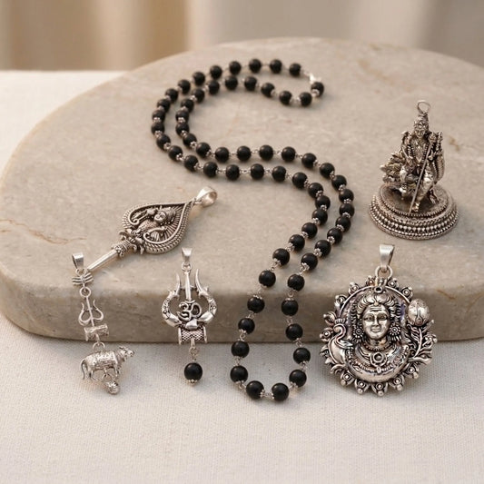 Silver Cap Karungali Malai with FREE 5 Divine Pendants