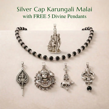 Silver Cap Karungali Malai with FREE 5 Divine Pendants