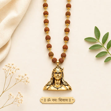 Gold Plated Adiyogi Pendant with Panchmukhi Rudraksha Mala | Peace & Positive Energy