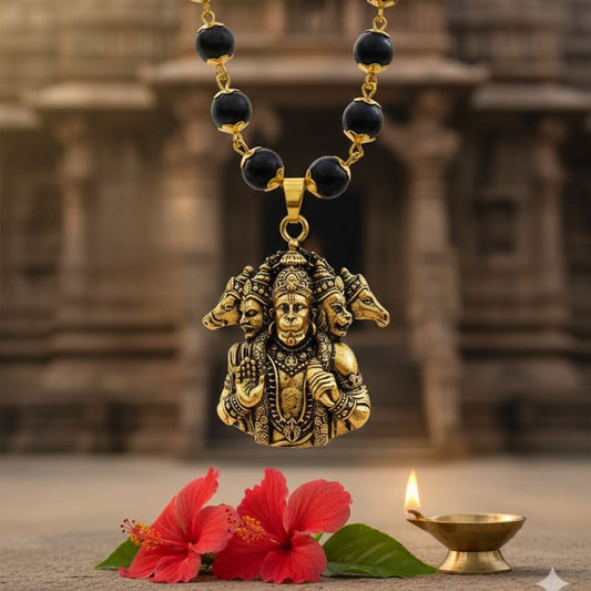 Certified Gold Platted Karungali Malai with Panchmukhi Hanuman Pendant