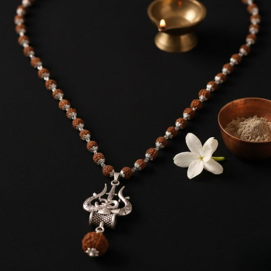 OM Shiva Trishool Pendant with Silver Cap Panchmukhi Rudraksh Mala