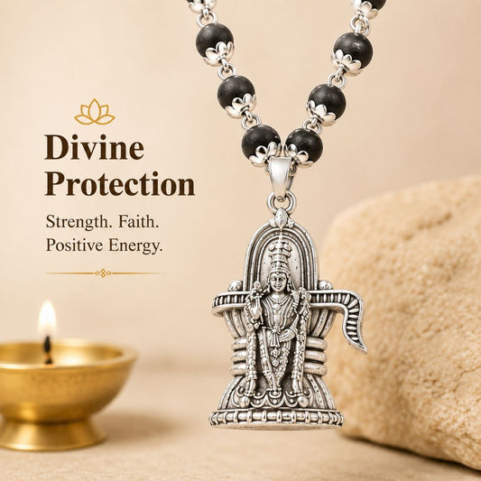 Silver Plated Karungali Mala with Shivling Murugan Pendant