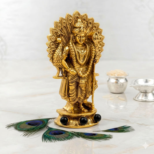 Gold Plated Lord Murugan with Peacock Idol | Home, Car & Workplace