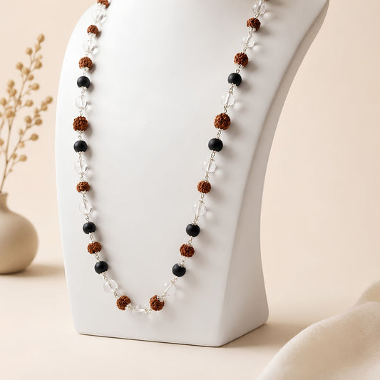 Silver Cap Sphatik Rudraksha Karungali Mala | Spiritual Balance