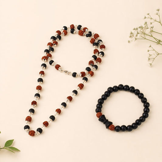 Mahadev Raksha Combo | Silver Cap Rudraksha Karungali Mala with Bracelet