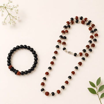 Mahadev Raksha Combo | Silver Cap Rudraksha Karungali Mala with Bracelet