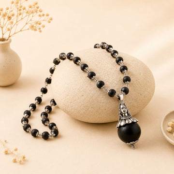 Silver Cap Karungali Mala Adiyogi Pendant with Sacred Karungali Bead