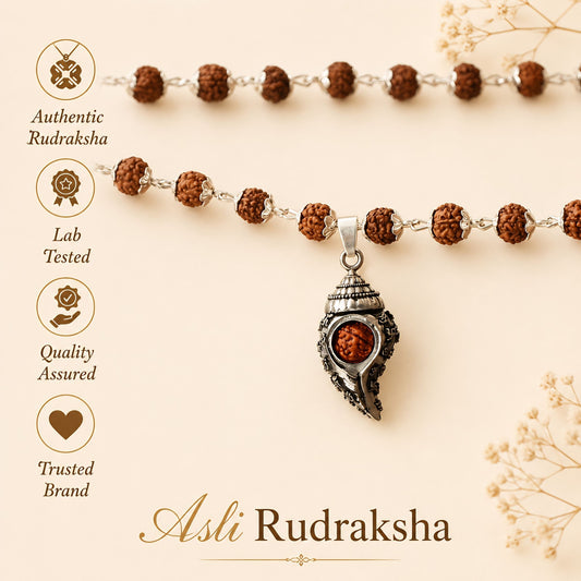 Shiv Shankh Silver Plated Rudraksha Mala | Protection & Peace