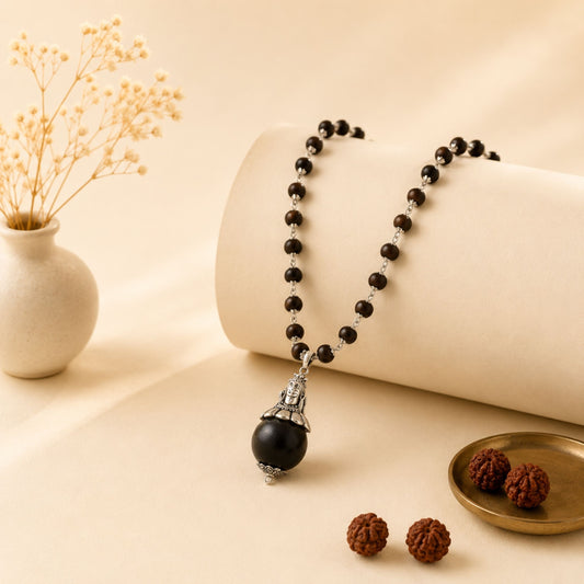 Silver Cap Karungali Mala Adiyogi Pendant with Sacred Karungali Bead