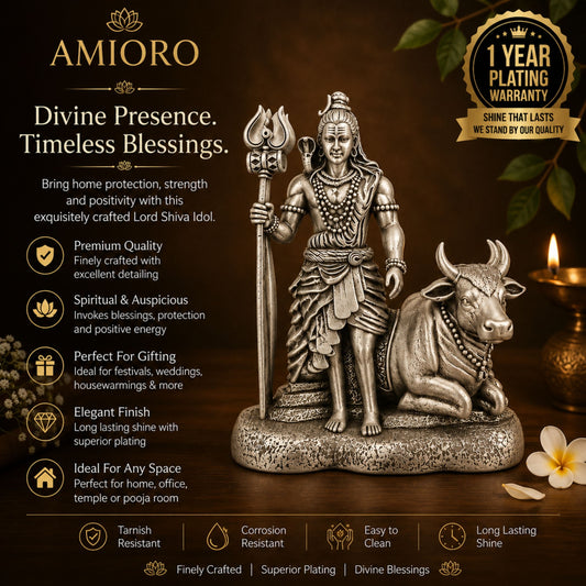 Silver Plated Mahadev with Nandi Idol for Car, Home & Office