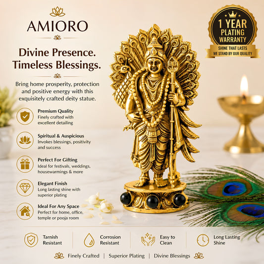 Gold Plated Lord Murugan with Peacock Idol | Home, Car & Workplace