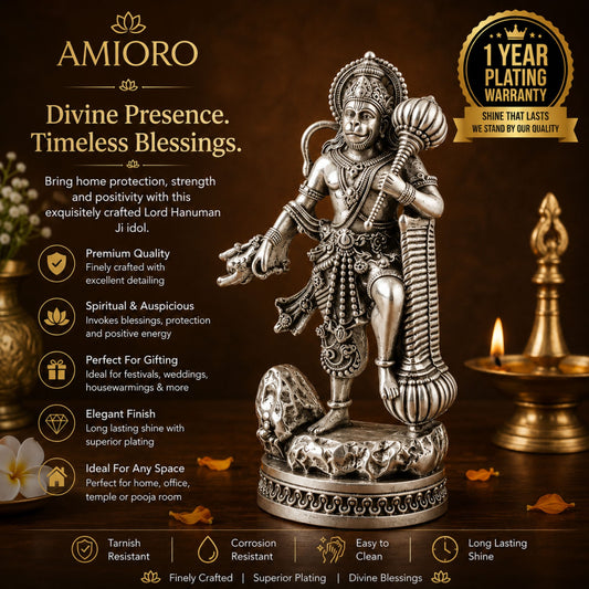 Hanuman Ji with Gada Idol | Strength, Protection & Spiritual Energy ( Silver Plated )