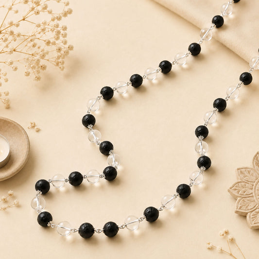 Silver Cap Karungali & Sphatik Mala | Peace & Protection