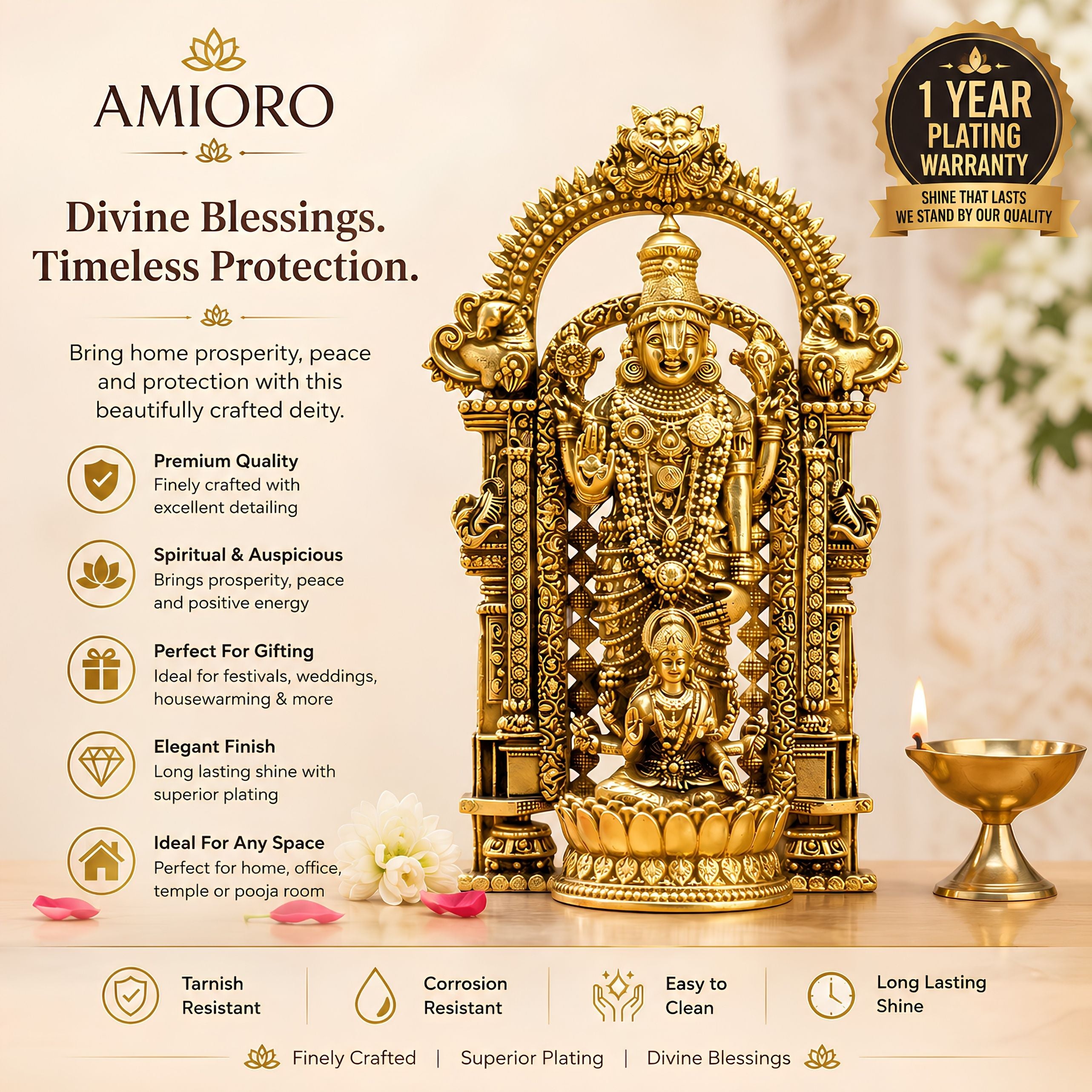 Gold Plated Shri Venkateswara & Mahalakshmi Idol | Wealth & Prosperity