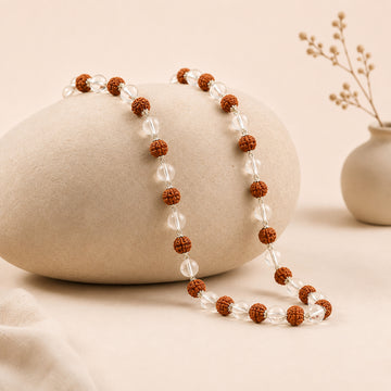 Silver Cap Panchmukhi Rudraksha Sphatik Mala