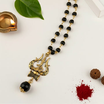 OM Shiva Trishool Pendant with Gold Cap Karungali Malai