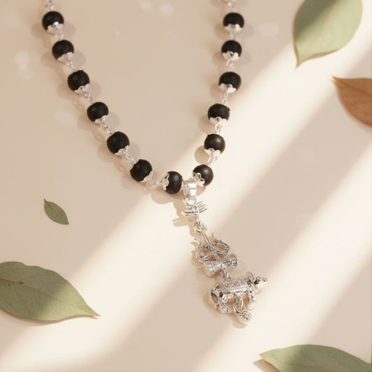 Shiv Trishul & Nandi Pendant with Silver Capped Karungali Malai