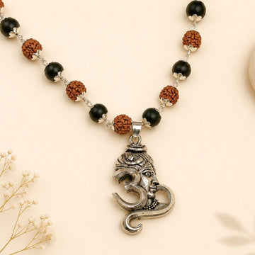 Silver Cap Rudraksha Karungali Mala with Shiva Om Pendant