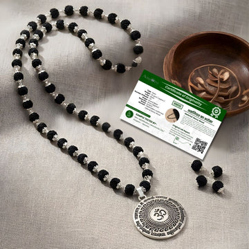 OM Maha Mrityunjaya Mantra Pendant with Silver Cap Karungali Malai