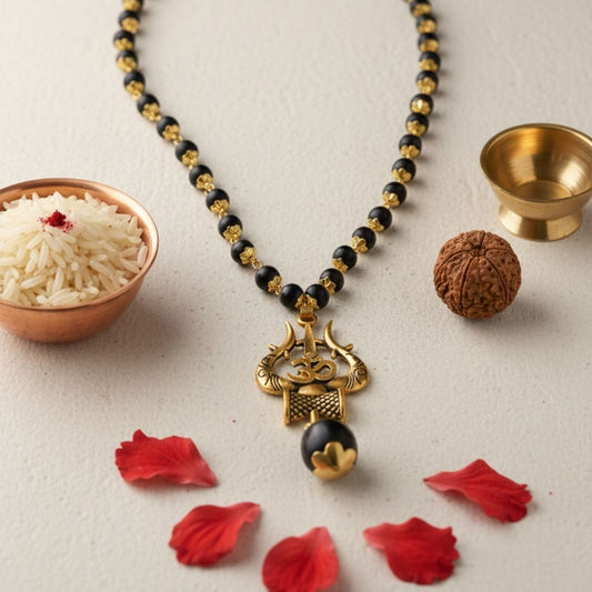 OM Shiva Trishool Pendant with Gold Cap Karungali Malai