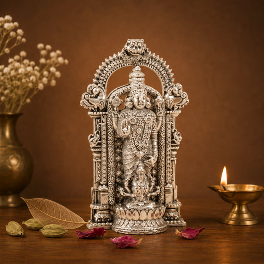 Silver Plated Shri Venkateswara & Mahalakshmi Idol | Wealth & Blessings