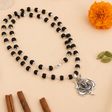 Shiv Trishul Pendant with Govt. Lab Certified Silver Cap Karungali Malai