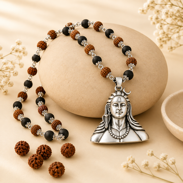 Silver Plated Adiyogi Shiva Pendant With Rudraksha & Karungali Mala