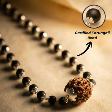Original Silver Capped Karungali Malai in with 5 Mukhi Rudraksha