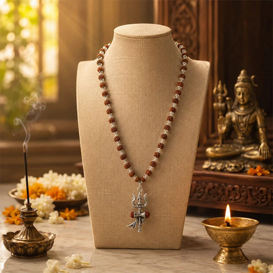 Silver Cap Panchmukhi Rudraksha Mala with Trishul Damroo Pendant
