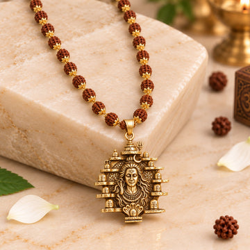 Gold Plated Shiva Jyotirlinga Pendant With 5 Mukhi Rudraksha Mala