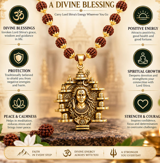 Gold Plated Shiva Jyotirlinga Pendant With 5 Mukhi Rudraksha Mala