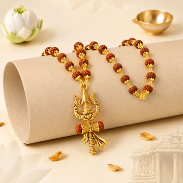 Gold Plated Panchmukhi Rudraksha Mala with Trishul Damroo Pendant