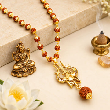 Gold Plated OM Shiva Trishool Pendant with Panchmukhi Rudraksha Mala